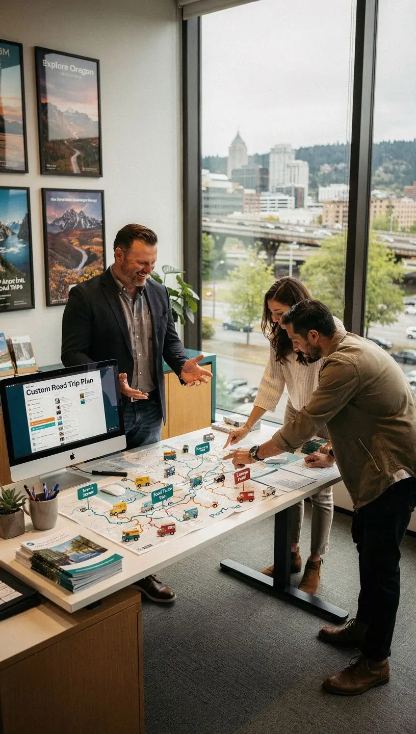 Profesjonalny konsultant podróży rozmawiający z klientem na temat spersonalizowanej trasy.