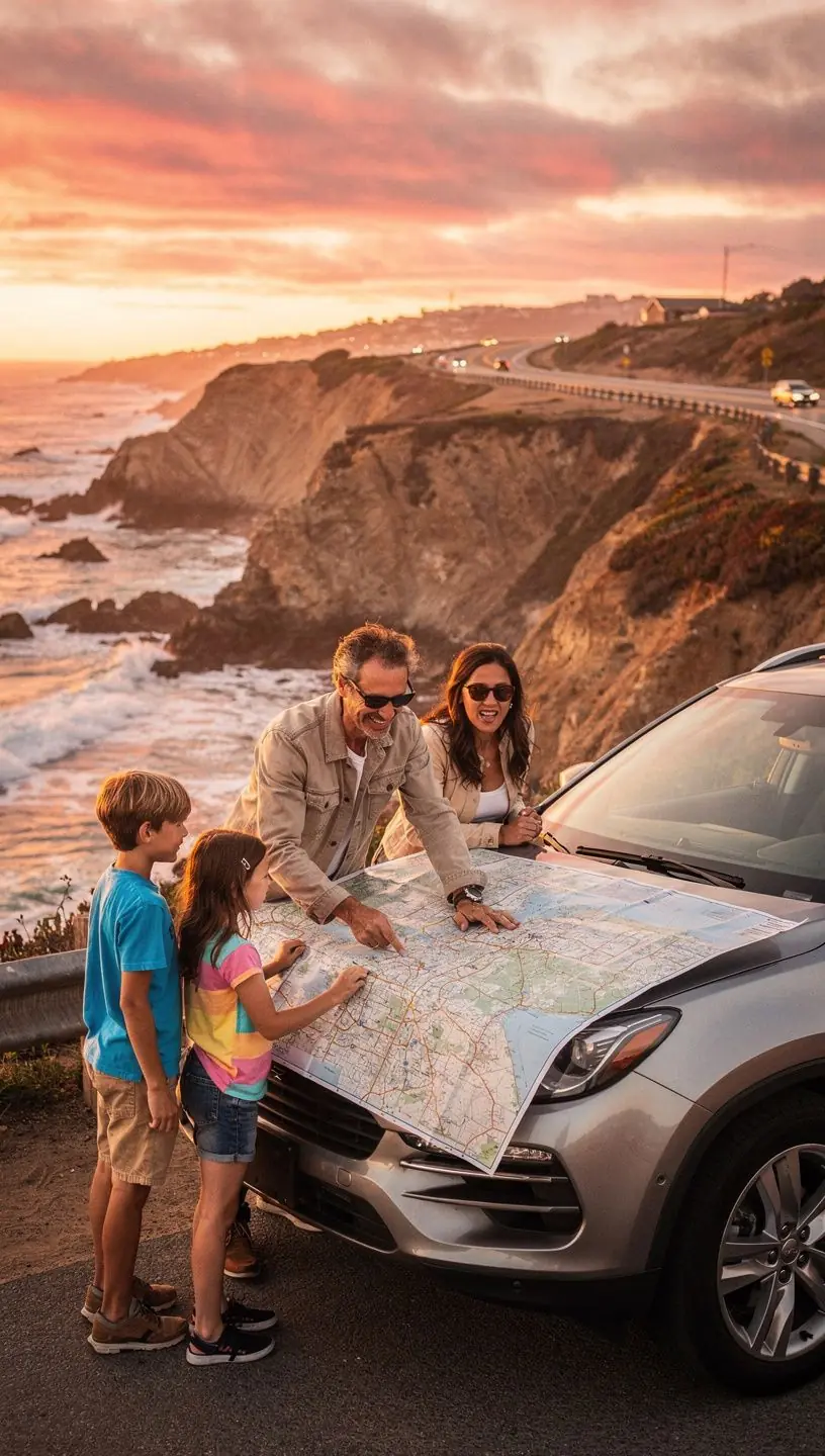 Rodzina ciesząca się wspólną podróżą samochodową, zatrzymująca się przy pięknym widoku.