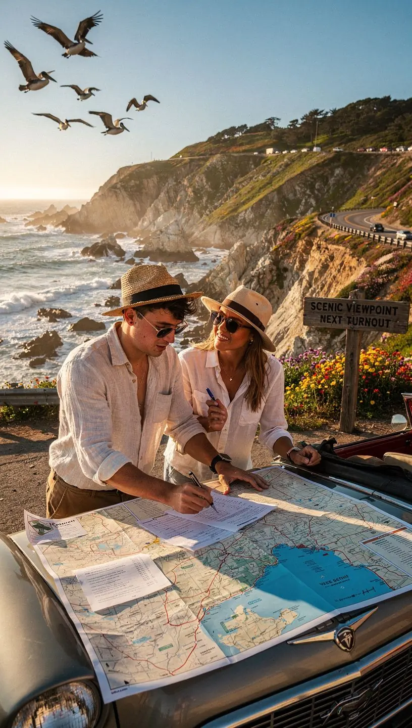 Rodzina podróżująca samochodem, planująca swoją trasę na mapie.