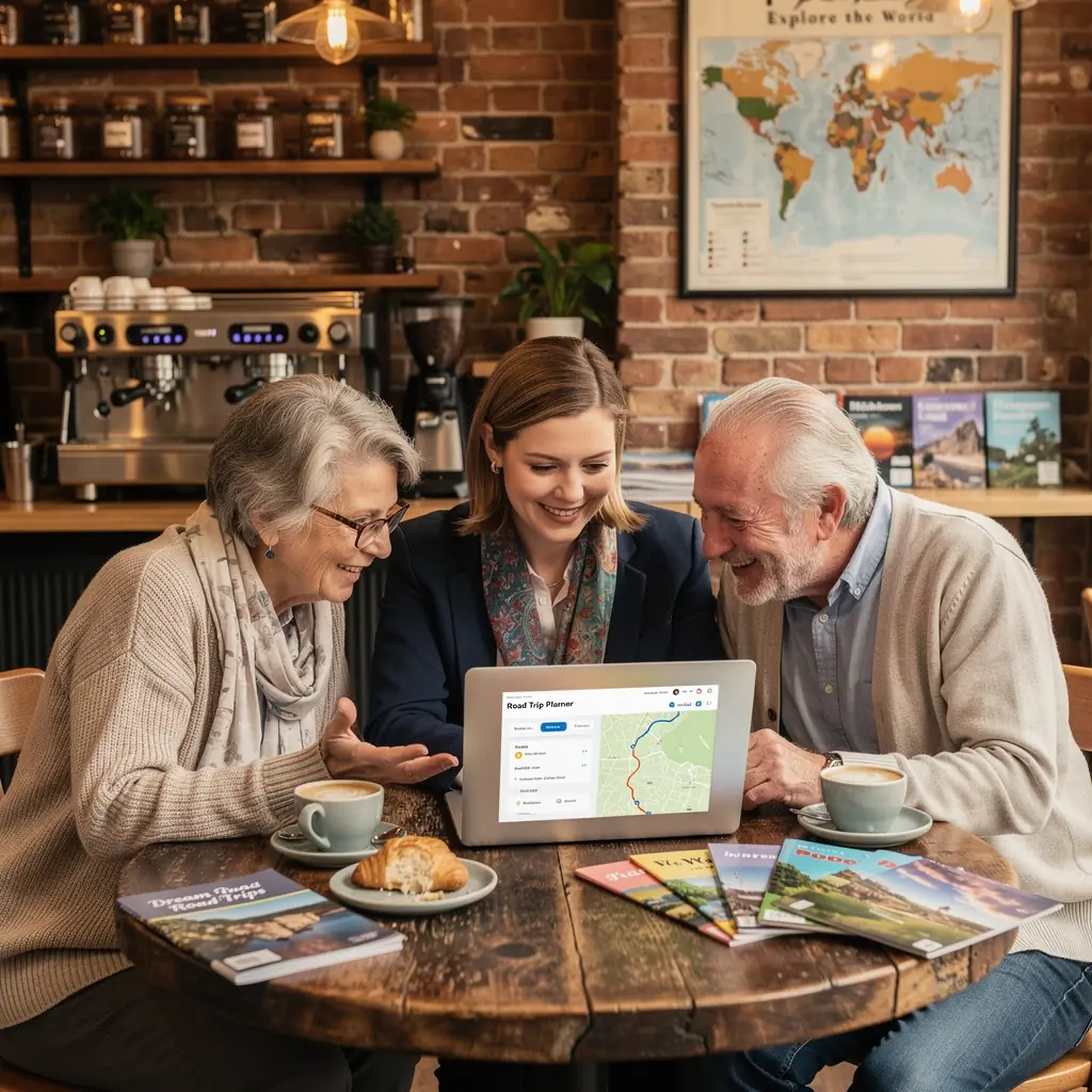 Konsultant podróży omawiający szczegóły indywidualnej trasy z klientem w biurze.