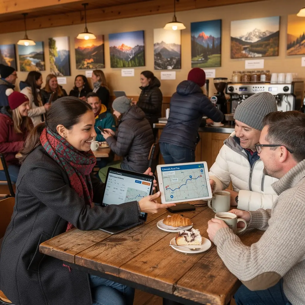 Zespół konsultantów podróży analizujących mapę i planujących trasę podróży po USA.