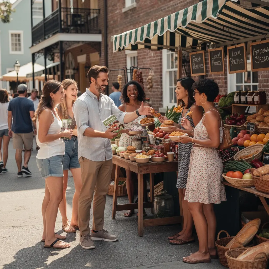 Zdjęcie kempingu z namiotami, gdzie podróżnicy odpoczywają po dniu pełnym wrażeń.